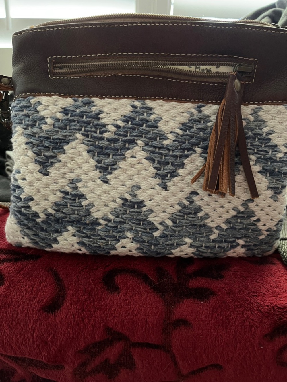 NWOT Myra Bag Blue and White Woven Clutch with Brown Leather and Denim
